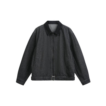 Vertical Stripe Color-Blocked Notch Lapel Short Jacket Men's Preppy Outerwear