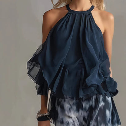 Sleeveless Halter Neck Top with Printed Wide Leg Pants Summer New Arrival eprolo