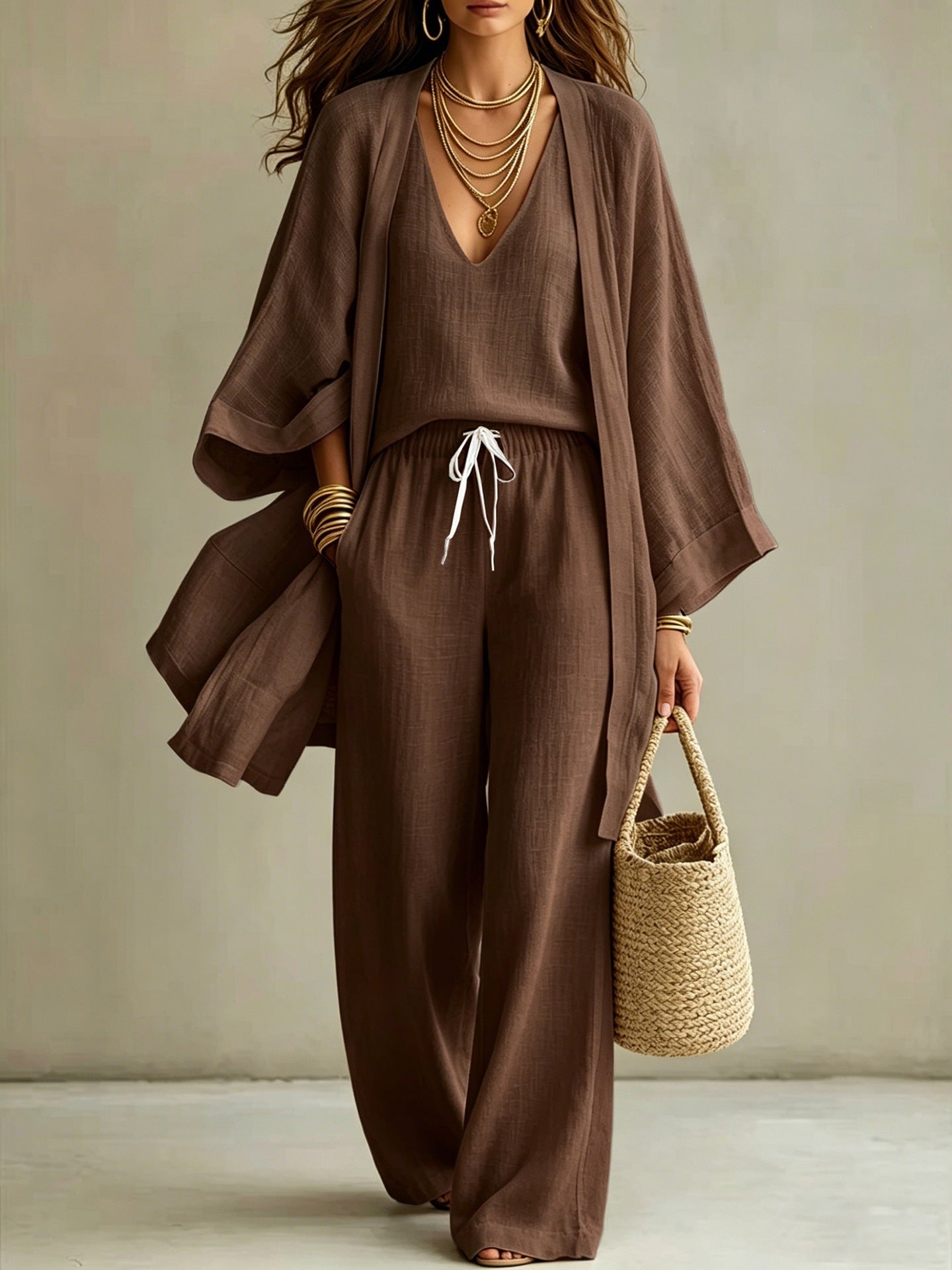 Loose cardigan sleeveless vest long pants three piece set for women eprolo