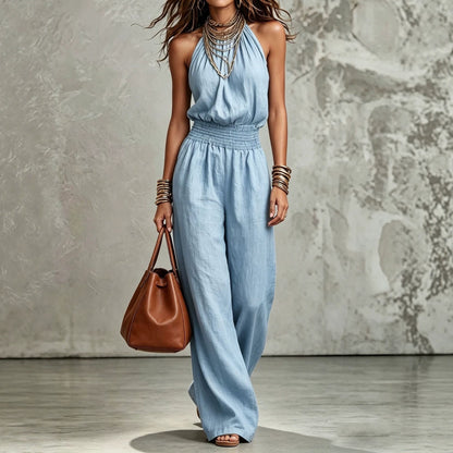 Sleeveless Backless Waist-Tie Halter Wide-Leg Jumpsuit for Women eprolo