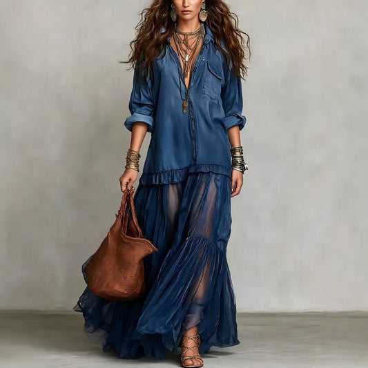 Vintage Denim-like Long Dress Casual Style eprolo