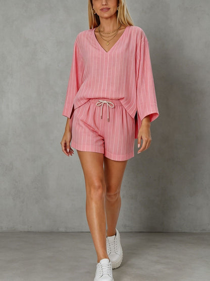 Loose V-neck long sleeved shorts striped set eprolo