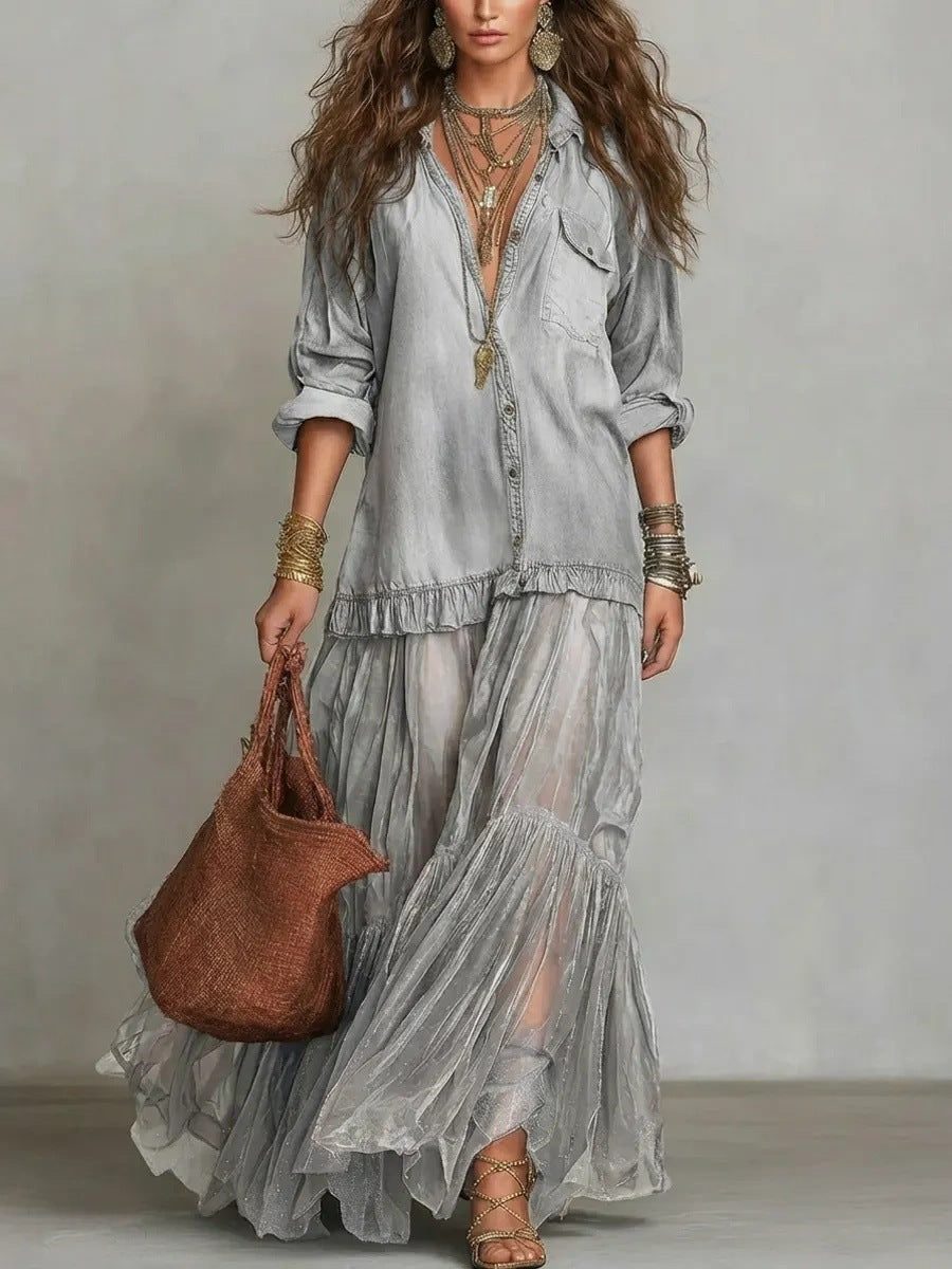 Vintage Denim-like Long Dress Casual Style eprolo