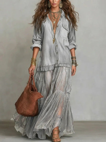 Vintage Denim-like Long Dress Casual Style eprolo