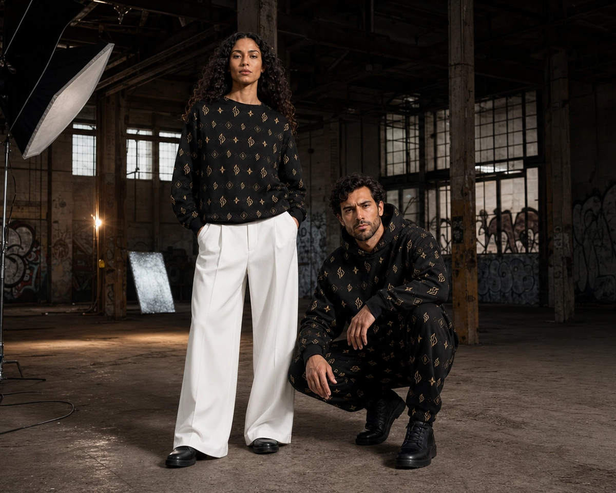 Zwei Personen in SUÐR Signature Braun/Gold in einer Industriehalle mit Graffiti
