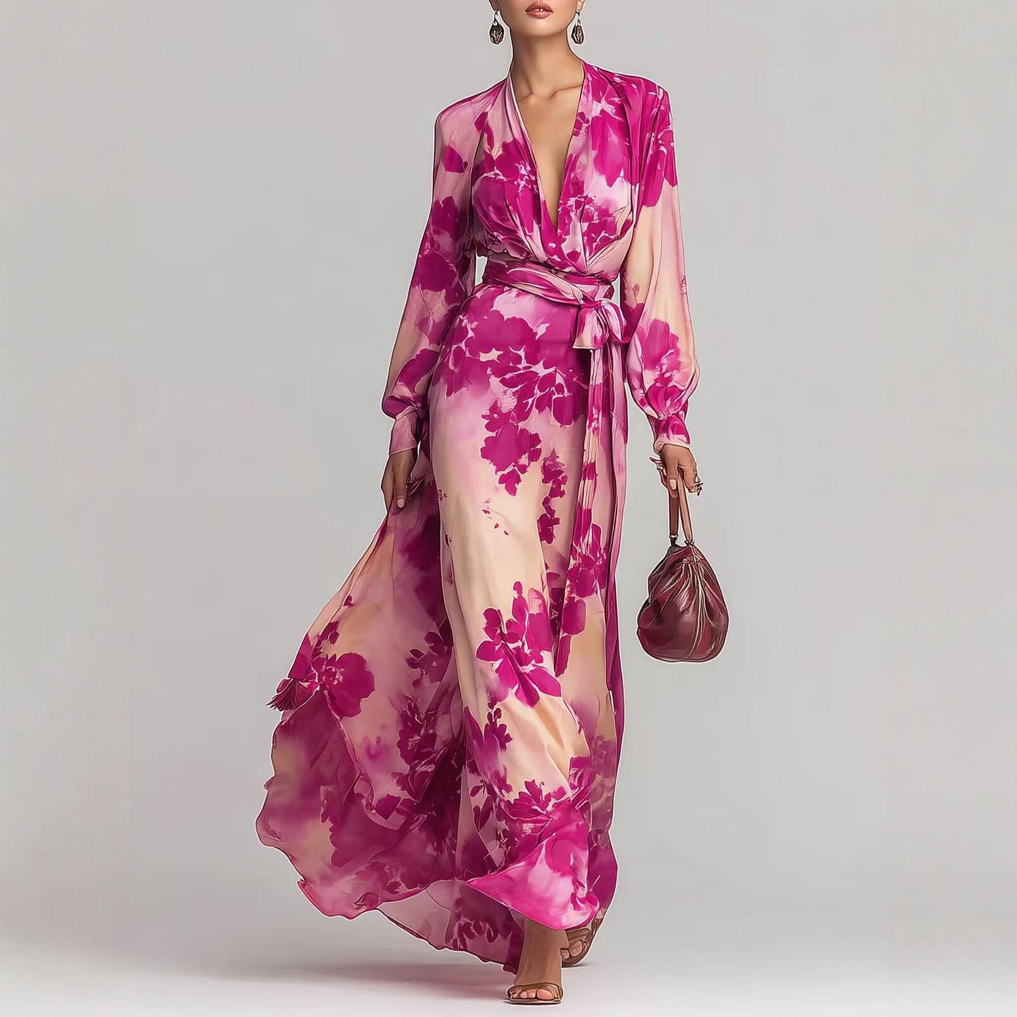 Printed Chiffon Long Sleeve V-Neck Tie-Up Dress Elegant Chic Spring New Long Dress eprolo