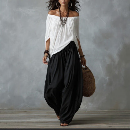 Fashion One-Shoulder T-Shirt with Wide-Leg Pants Set for Women, Elegant Two-Piece Long Sleeve Casual Outfit eprolo