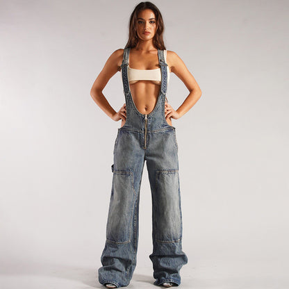 Women's Denim Jumpsuit Street Style Multi-pocket Overalls Loose Waist Straight Leg Pants eprolo