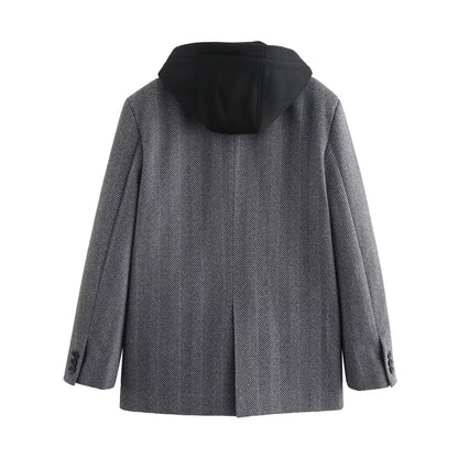 European and American style women's new hooded patchwork herringbone diagonal long sleeved suit jacket