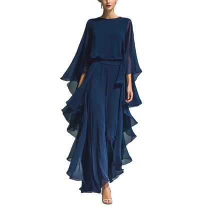 Deep Blue Ruffle Wide-Leg Pants Set for Women, Fashion Elegant Two-Piece Long Sleeve Casual Pants eprolo