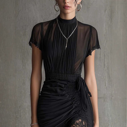 New European black see through lace patchwork dress, slim and tall, slit skirt with lace eprolo