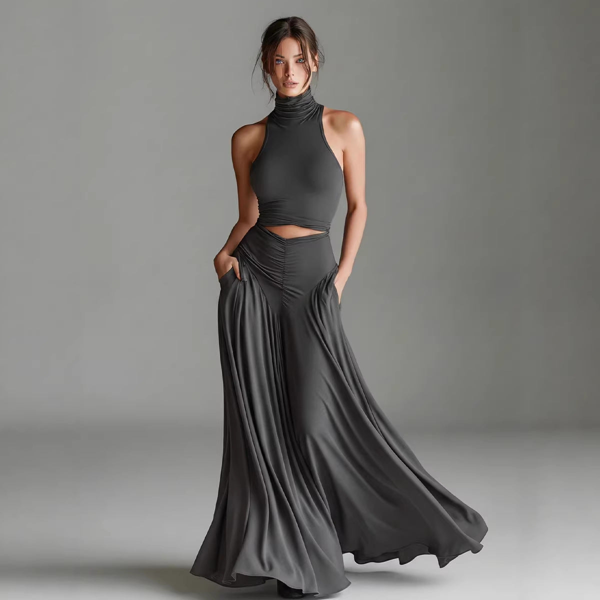 Style Sleeveless High Neck Top with Elegant Long Dress Two-Piece Set eprolo
