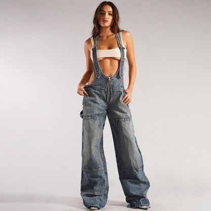 Women's Denim Jumpsuit Street Style Multi-pocket Overalls Loose Waist Straight Leg Pants eprolo
