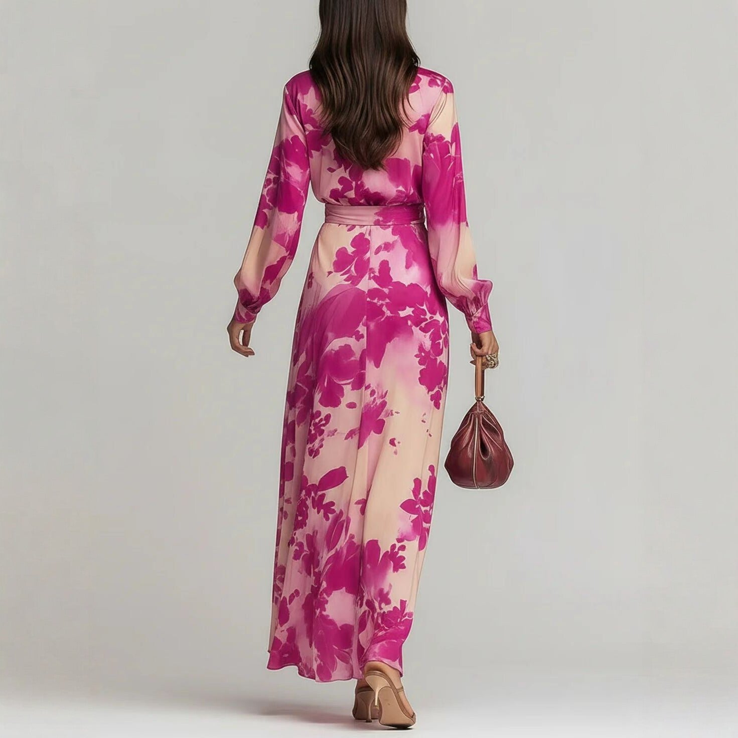 Printed Chiffon Long Sleeve V-Neck Tie-Up Dress Elegant Chic Spring New Long Dress eprolo