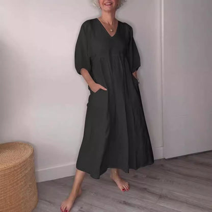 Deep V-neck pleated solid color pocket dress eprolo