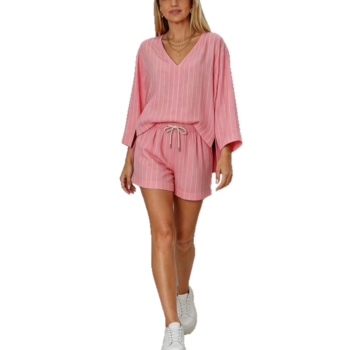 Loose V-neck long sleeved shorts striped set eprolo