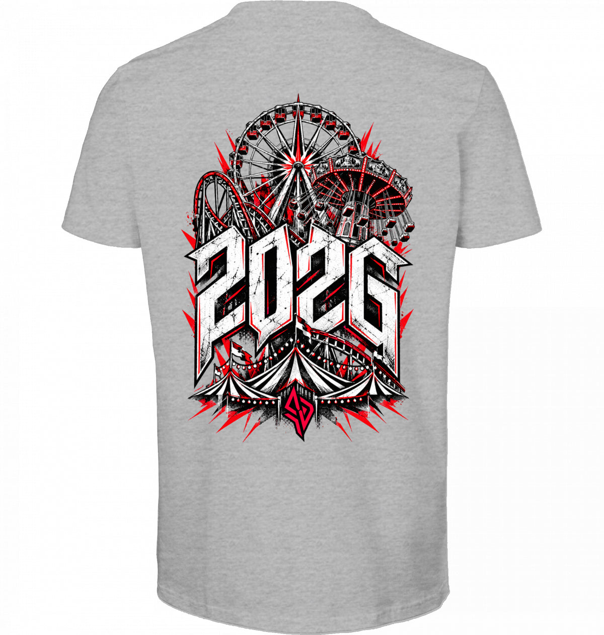 VESTR FEST 02 – MUNICH V-Neck Tee in Sports Grey, 2026-Backprint mit Riesenrad und Zelt, von SUÐR