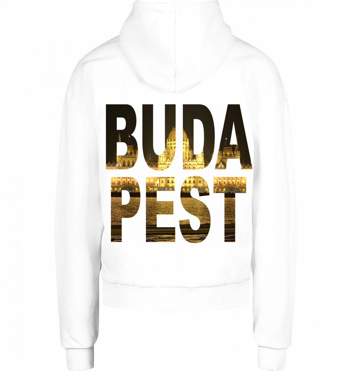 CITY 01 HOODIE BUDAPEST in Weiß, BUDA PEST Knockout mit Parlament auf dem Rücken, von SUÐR