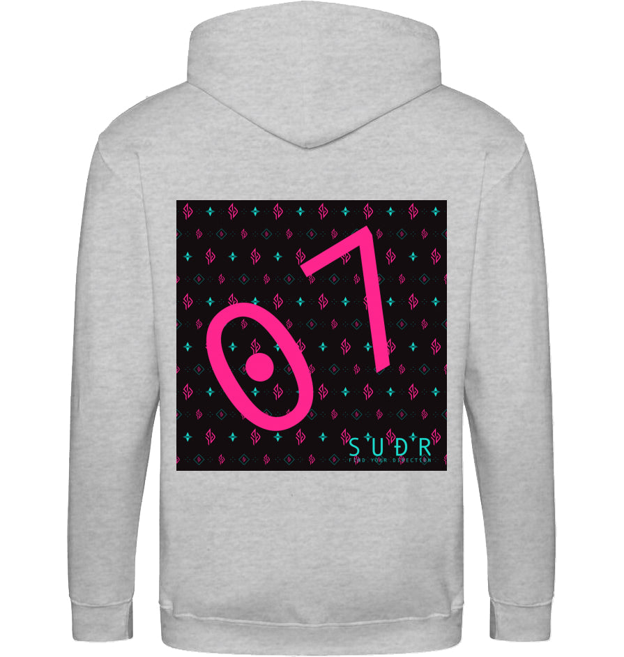 SUÐR FIND 07 Zoodie in Heather Grey – Rückansicht mit 07-Print
