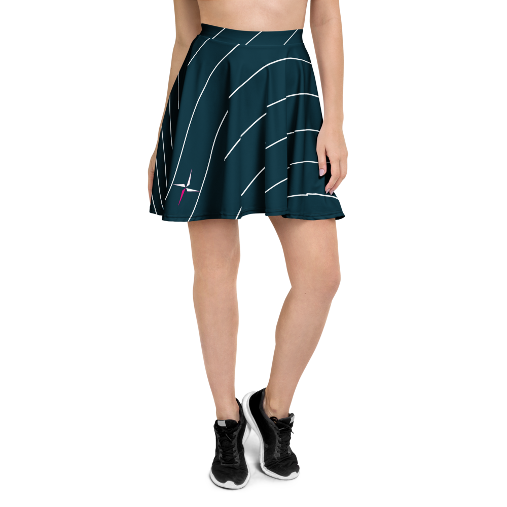 SUÐR-'26 Skater Skirt Waves Petrol – ausgestellter Skater-Rock in Petrol mit weißen Linien-Bögen