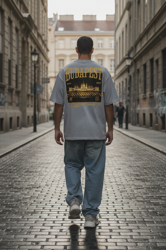 SUÐR CITY 01 BUDAPEST – Oversized Tee in Grau mit Rückenprint „Budapest“ und Illustration des Parlamentsgebäudes