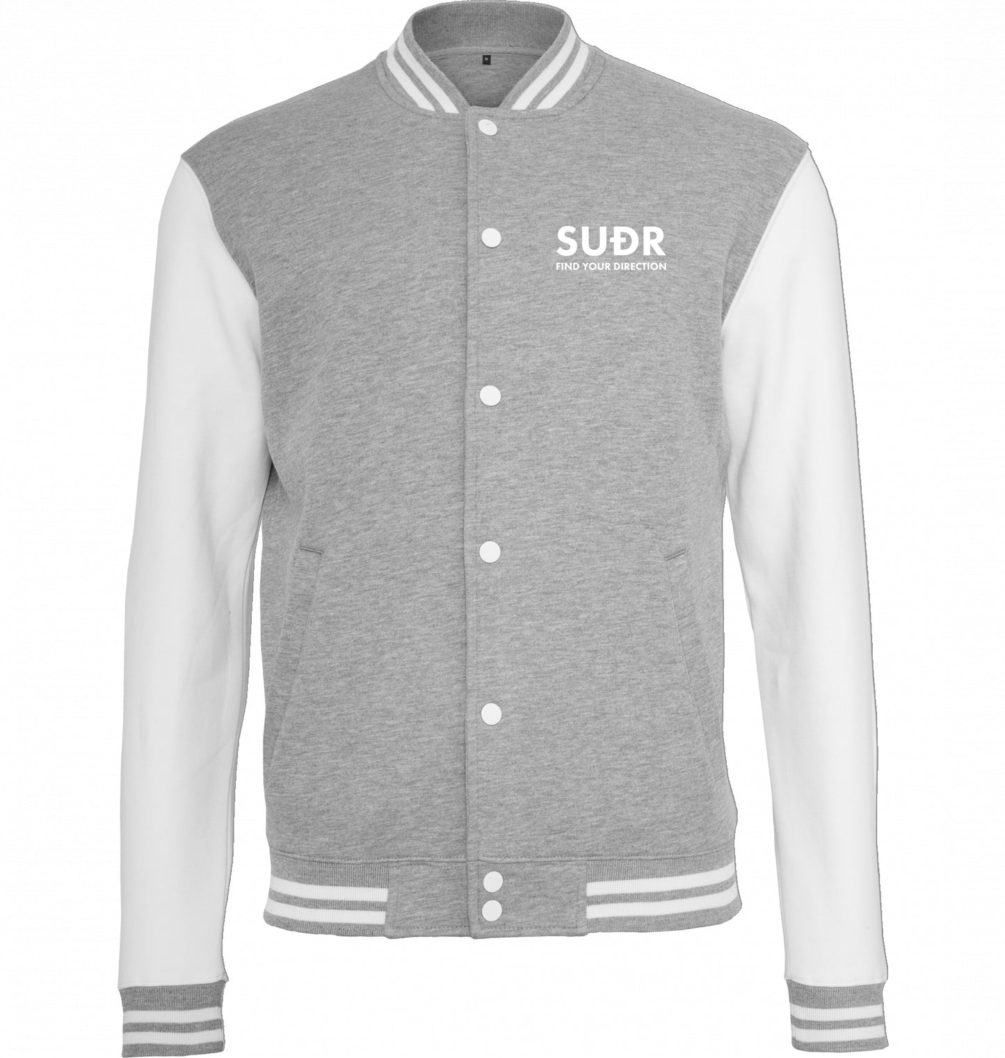 SUÐR FIND Sweat College Jacket in Heather Grey/White – Vorderansicht mit SUÐR-Wortmarke