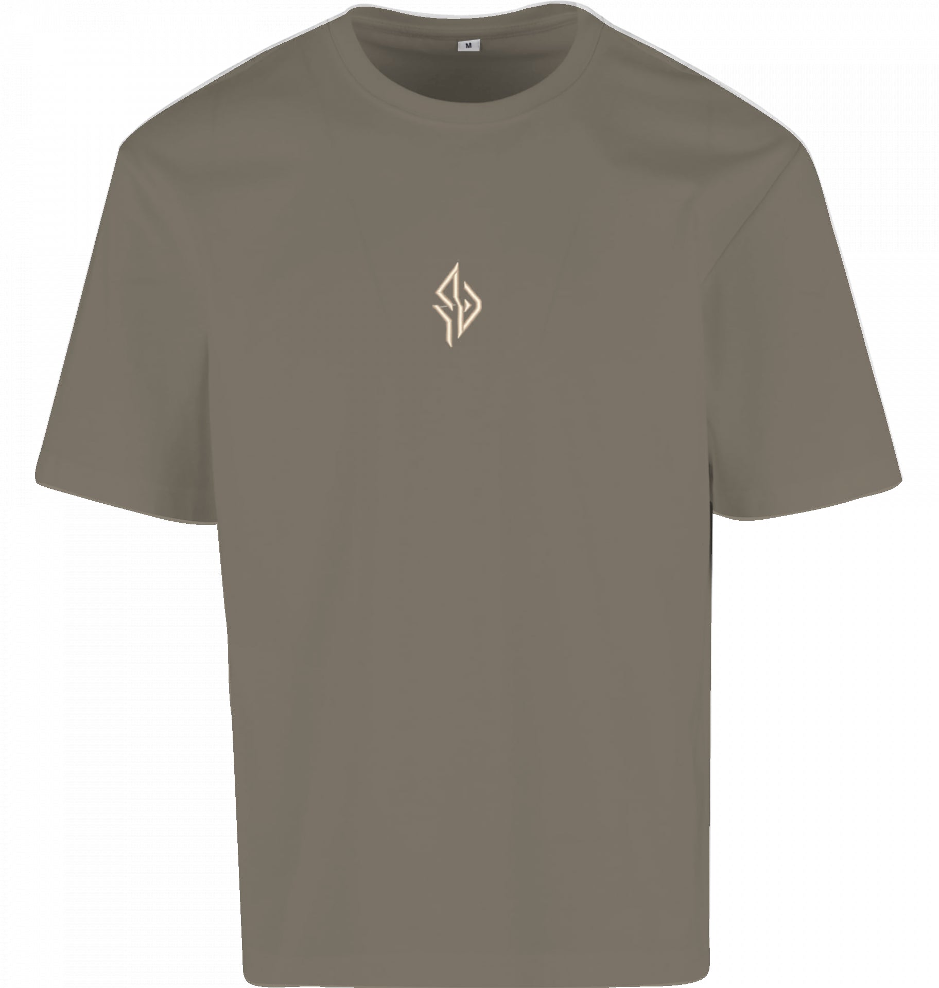 SUÐR FIND Loose Fit Tee in Pale Olive – Vorderseite mit gesticktem SUÐR-Monogramm auf der Brust