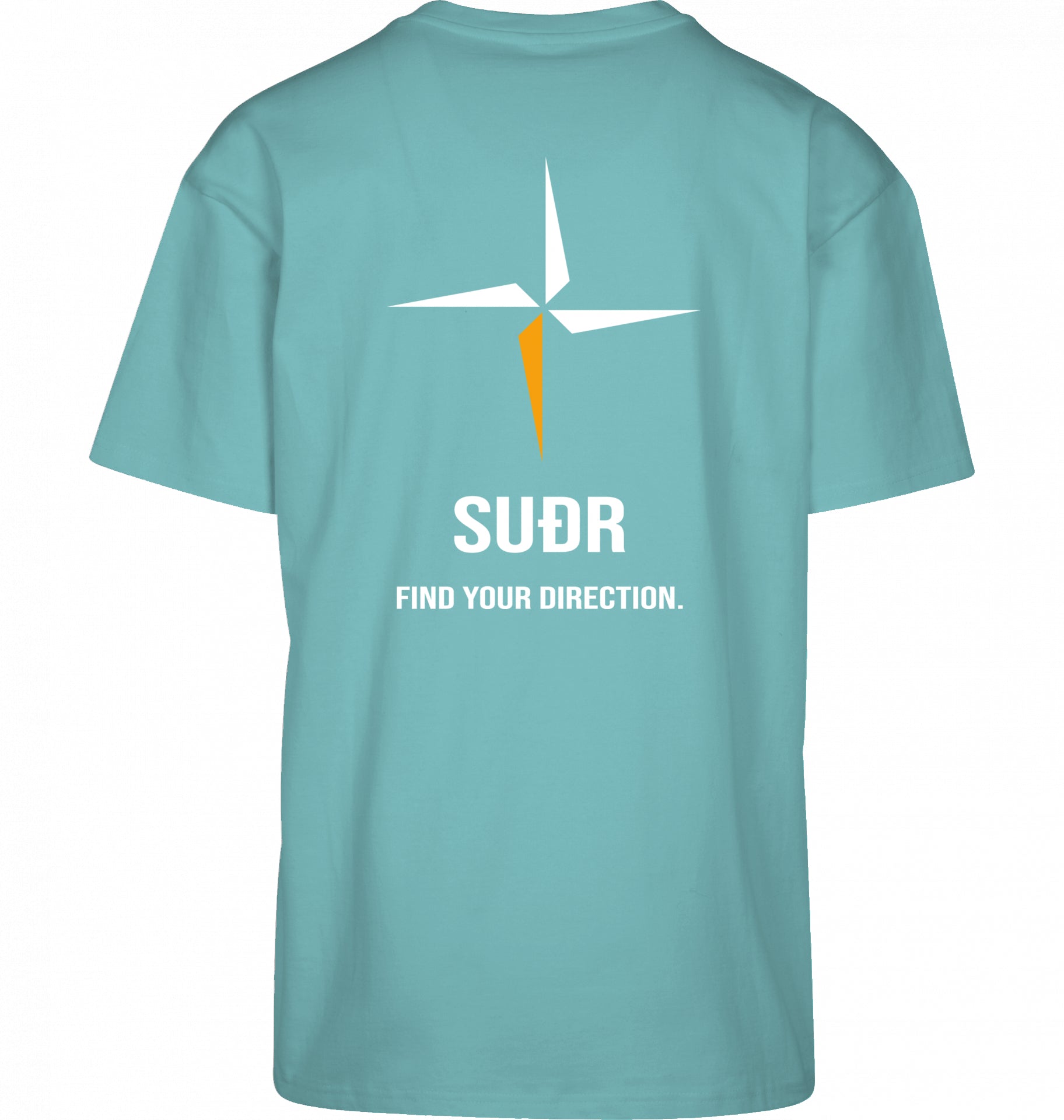 SUÐR FIND Heavy Oversize Tee in Beryl Blue – Rückansicht mit Kompass-Stern und Find Your Direction