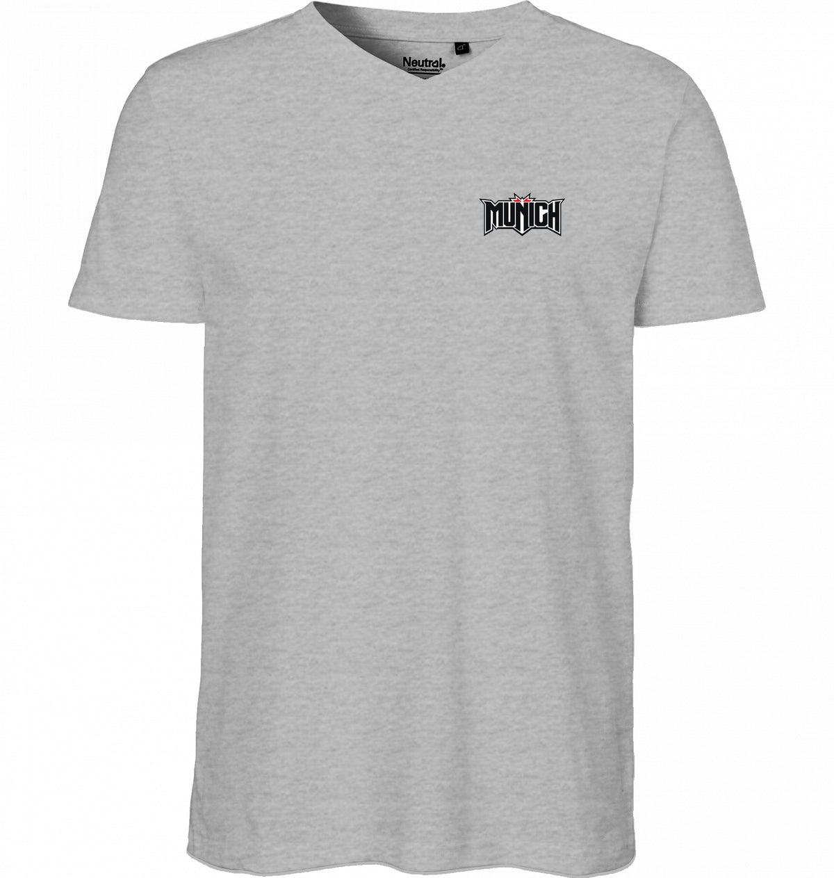 VESTR FEST 02 – MUNICH V-Neck Tee in Sports Grey, kleiner MUNICH-Schriftzug auf der Brust, von SUÐR