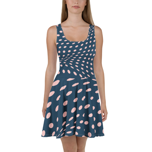 SUÐR-'26 Skater Dress Dots Navy – ärmelloses Skater-Kleid in Navy mit Rosé-Punkte-Print