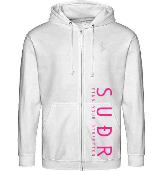 SUÐR FIND 07 Zoodie in Arctic White – Vorderansicht mit Emblem und SUÐR-Schriftzug