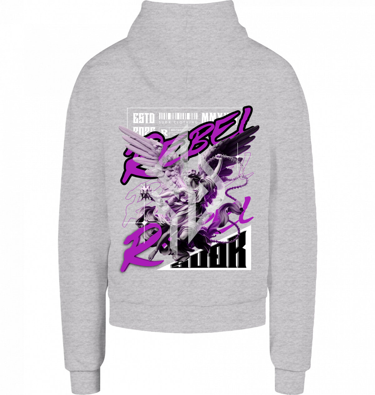 VESTR REBEL – Heavy Box Hoodie in Grey, Engel-Backprint REBEL von SUÐR