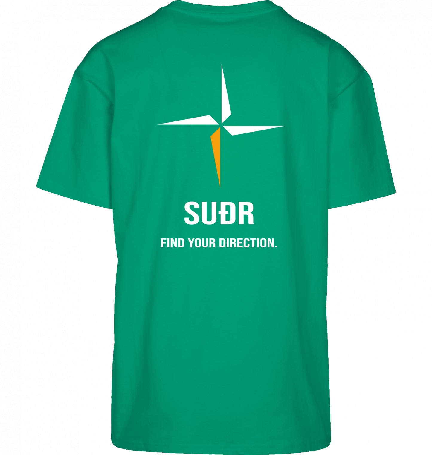 SUÐR FIND Heavy Oversize Tee in Grass Green – Rückansicht mit Kompass-Stern und Find Your Direction