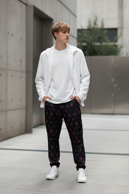 SUÐR Track Pants – Schwarz/Pink-Türkis