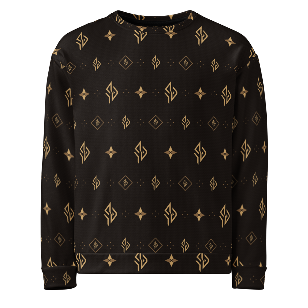 SUÐR Signature Sweatshirt in Braun/Gold – Detailansicht des Monogramms