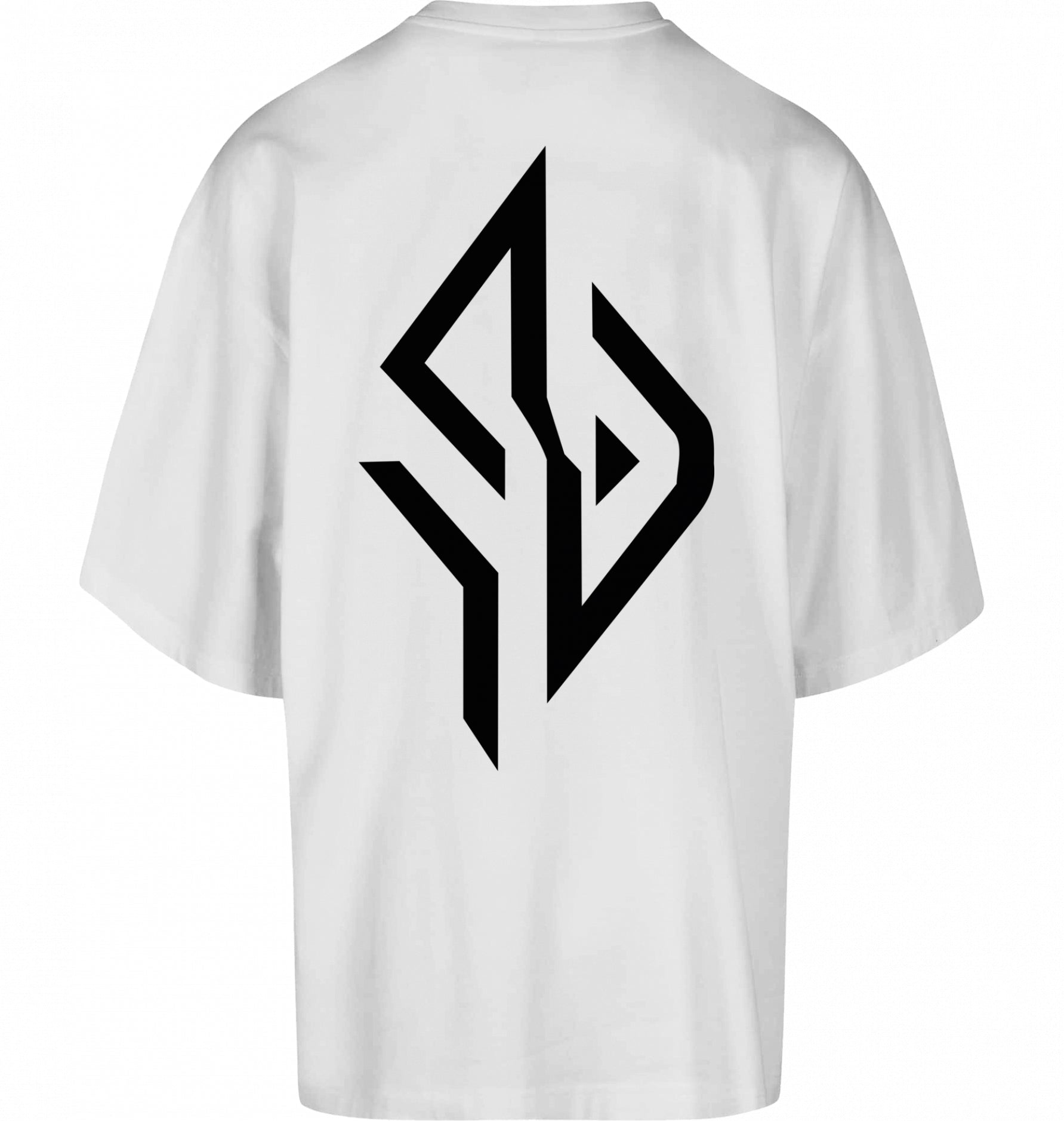 SUÐR FIND Huge Tee in White – Rückseite mit großem SUÐR-Monogramm im DTF-Druck