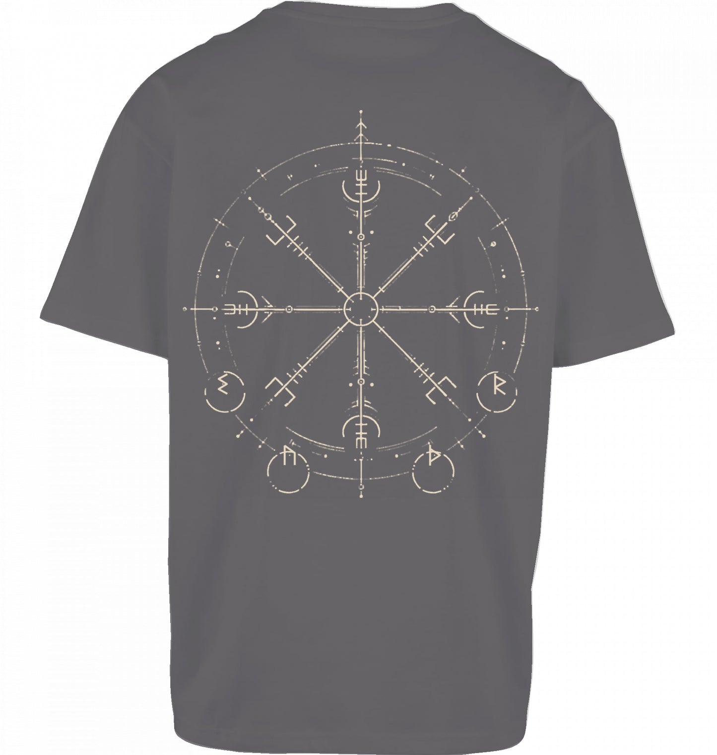 SUÐR FIND Wayfinder Tee in Magnet – Rückseite mit großem Wayfinder-Artwork in Beige im DTF-Druck