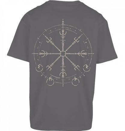 SUÐR FIND Wayfinder Tee in Magnet – Rückseite mit großem Wayfinder-Artwork in Beige im DTF-Druck