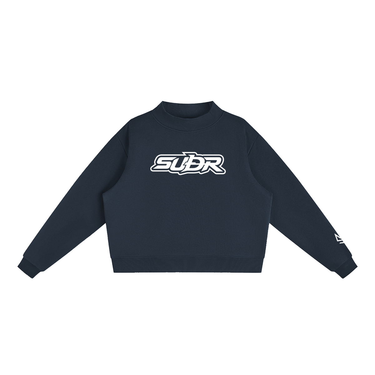 SUÐR Mock-Neck Sweatshirt – Sweatshirt in Navy Blue, Vorderseite mit SUÐR-Schriftzug in Weiß auf der Brust
