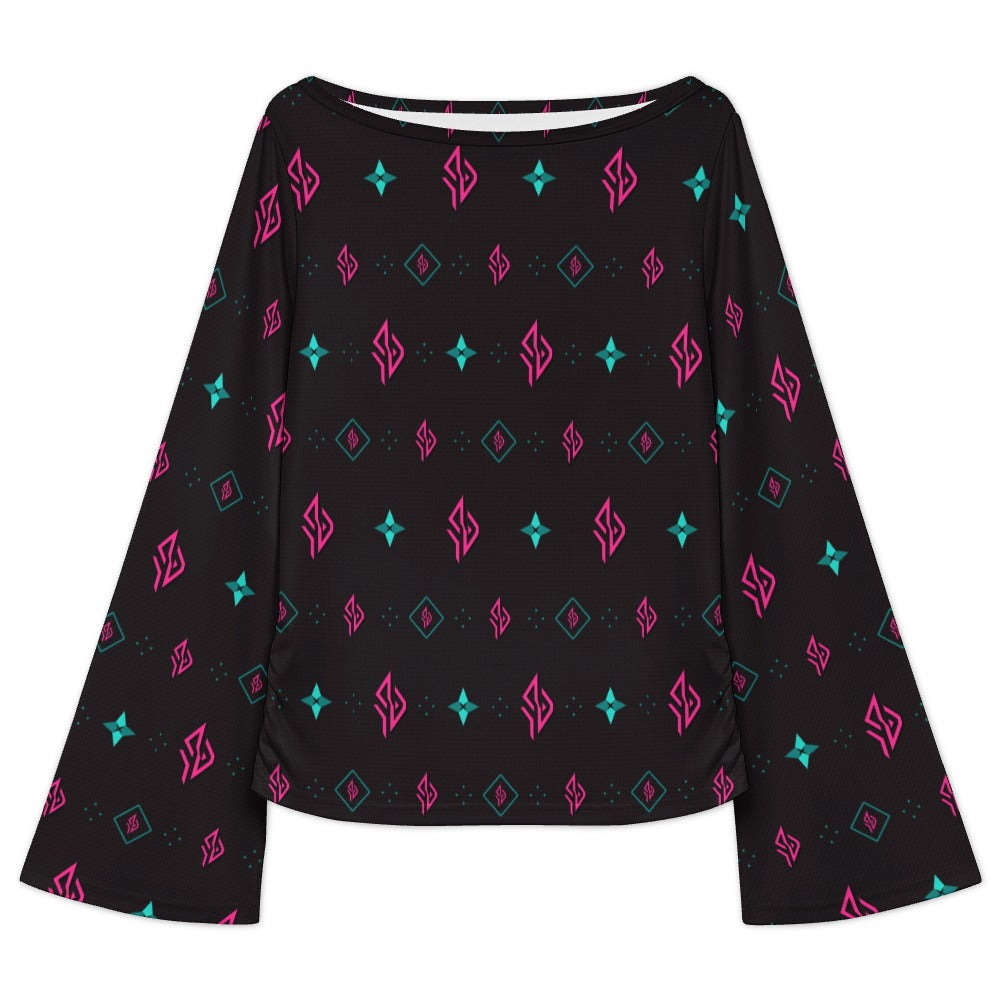 SUÐR Signature Trompetenärmel-Shirt Damen – Schwarz/Pink-Türkis