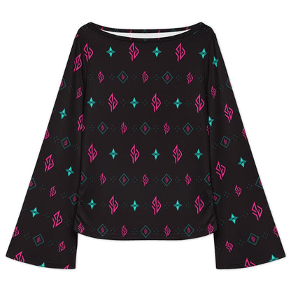 SUÐR Signature Trompetenärmel-Shirt Damen – Schwarz/Pink-Türkis