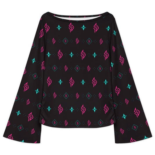 SUÐR Monogramm Trompetenärmel-Shirt Damen – Schwarz/Pink-Türkis