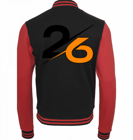 SUÐR FIND Sweat College Jacket in Black/Red – Rückansicht mit großer 26 in Schwarz-Orange