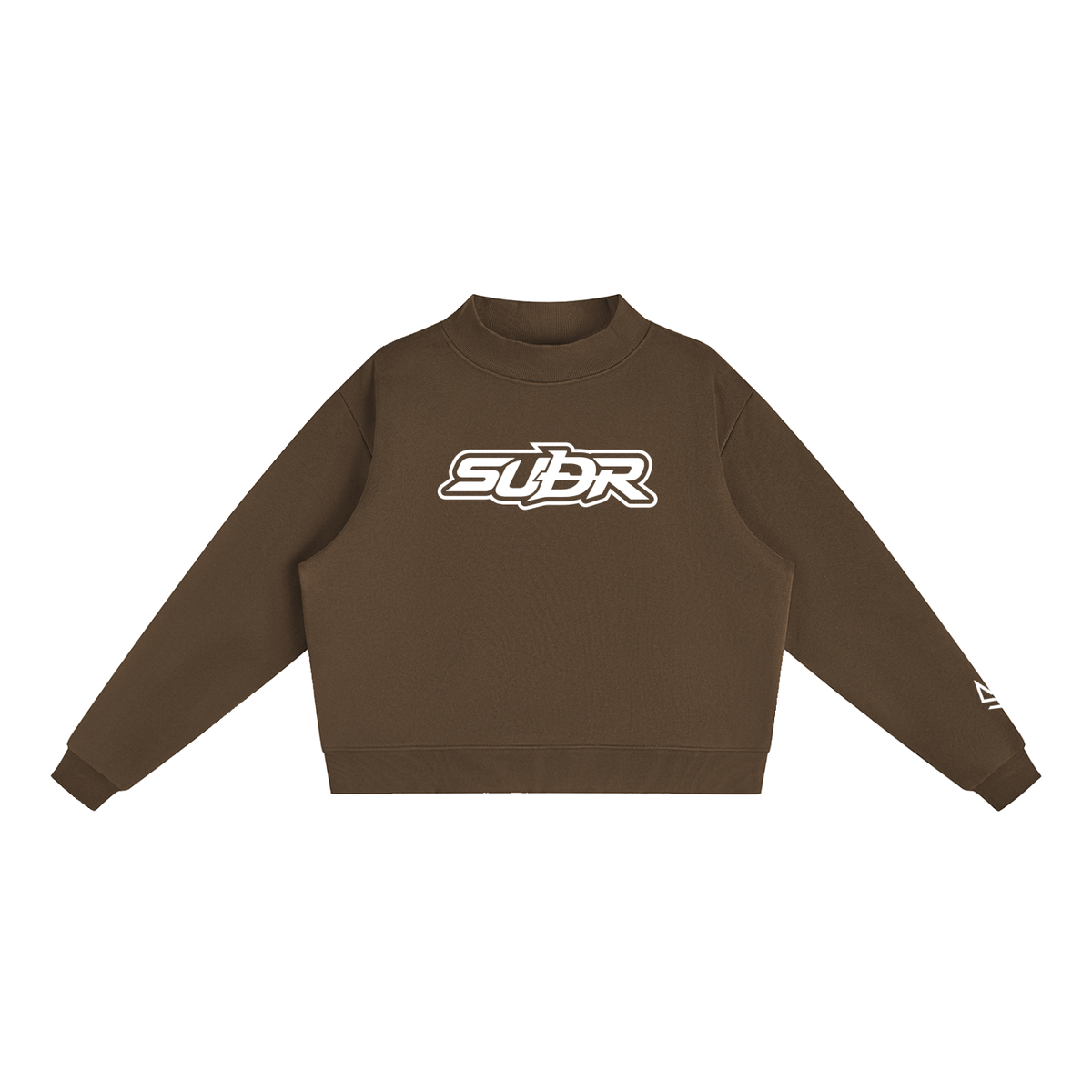 SUÐR Mock-Neck Sweatshirt – Sweatshirt in Brown, Vorderseite mit SUÐR-Schriftzug in Weiß auf der Brust