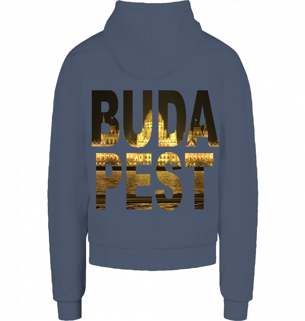 CITY 01 HOODIE BUDAPEST in Vintage Blue, BUDA PEST Knockout mit Parlament auf dem Rücken, von SUÐR