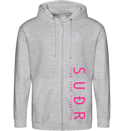 SUÐR FIND 07 Zoodie in Ash Heather – Vorderansicht mit Emblem und SUÐR-Schriftzug