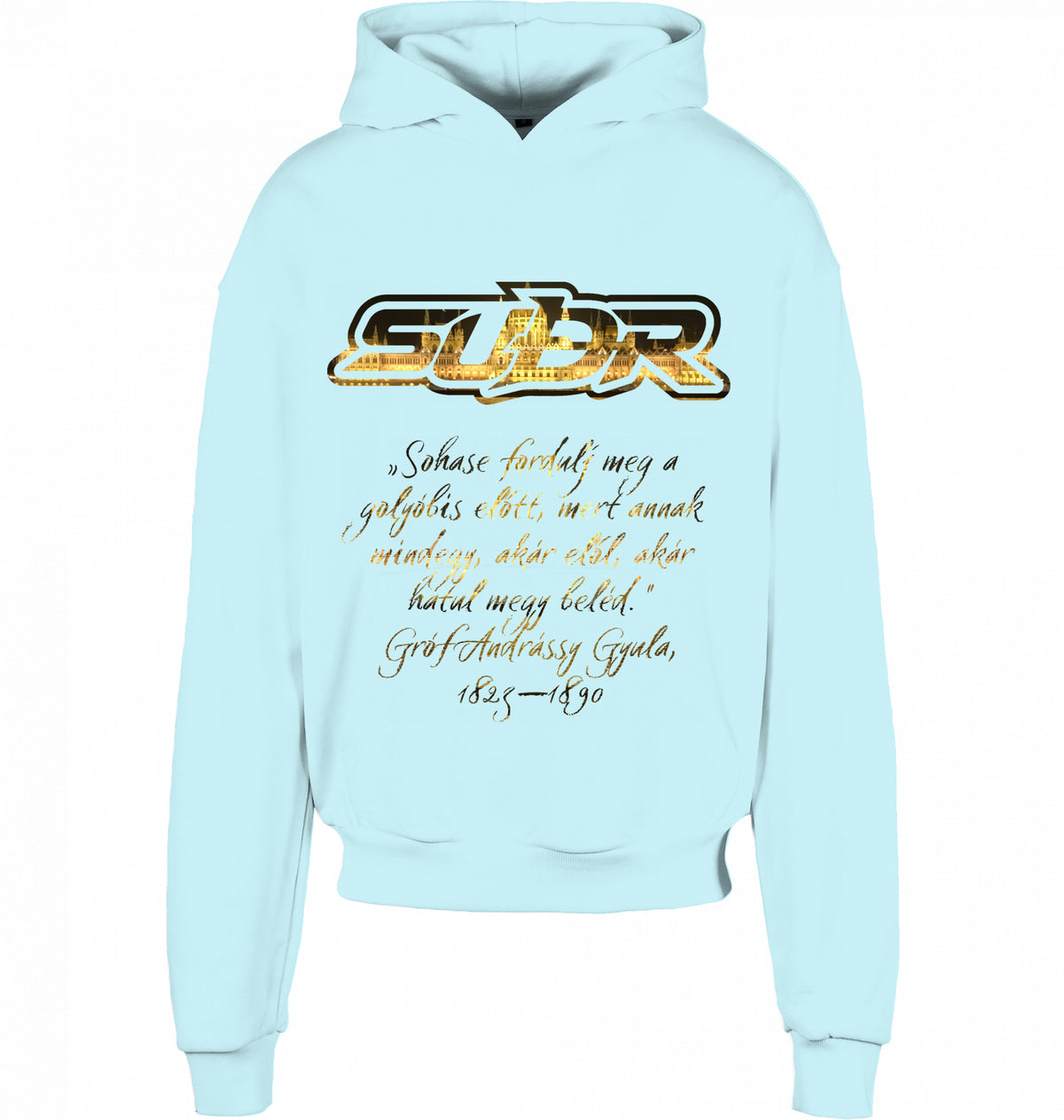CITY 01 HOODIE BUDAPEST in Ocean Blue, SUÐR-Schriftzug und Andrássy-Zitat vorne, von SUÐR