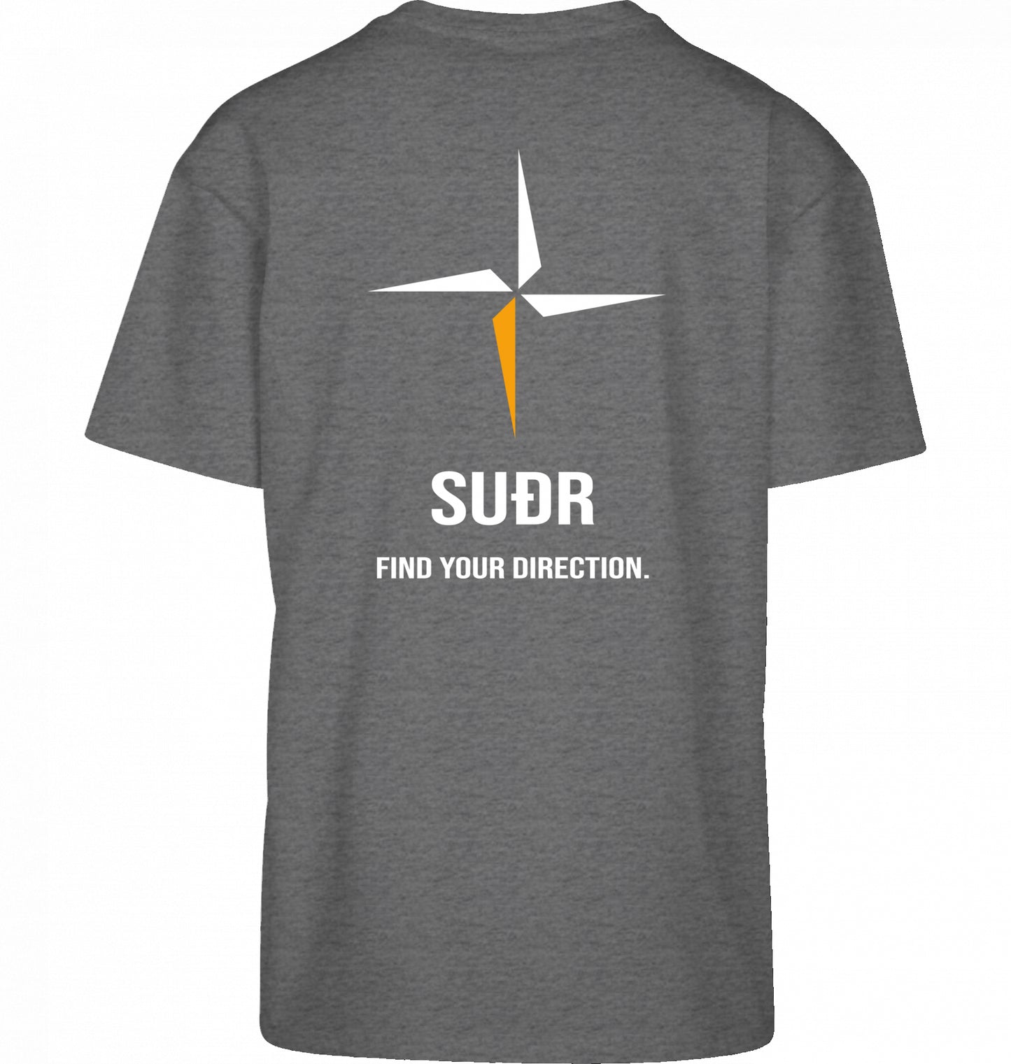 SUÐR FIND Heavy Oversize Tee in Charcoal Heather – Rückansicht mit Kompass-Stern und Find Your Direction