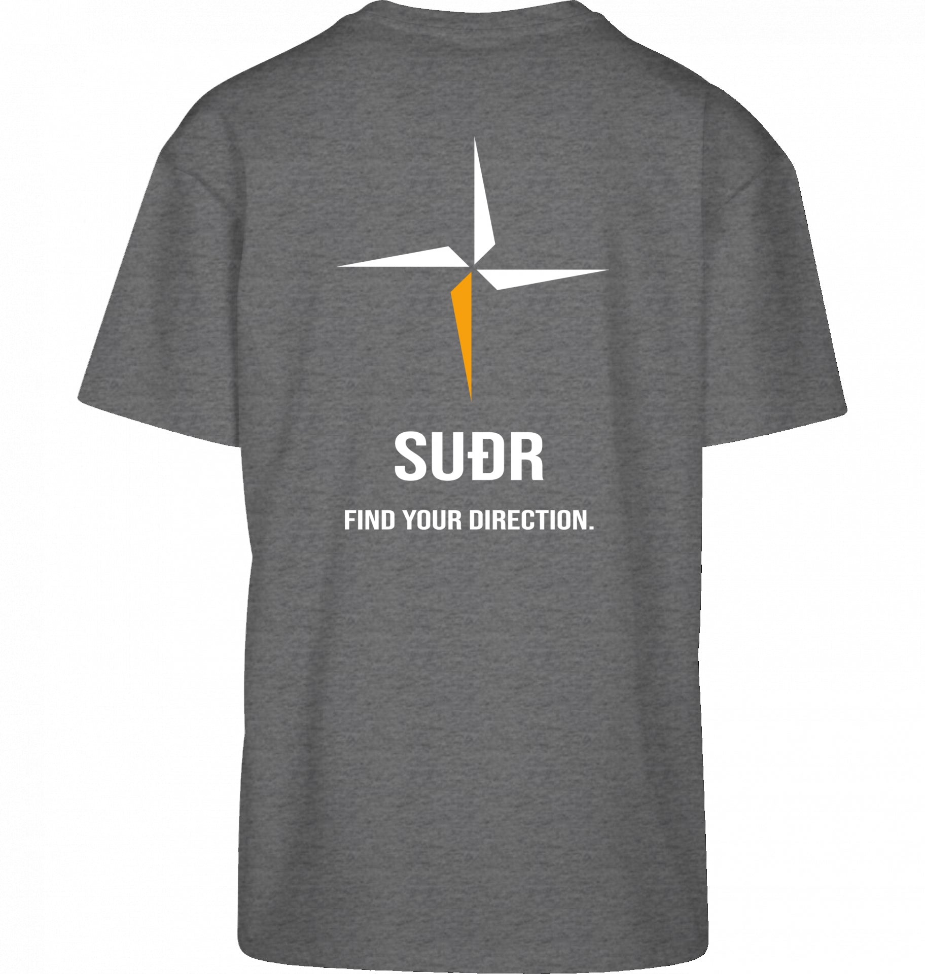 SUÐR FIND Heavy Oversize Tee in Charcoal Heather – Rückansicht mit Kompass-Stern und Find Your Direction
