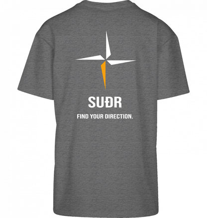 SUÐR FIND Heavy Oversize Tee in Charcoal Heather – Rückansicht mit Kompass-Stern und Find Your Direction